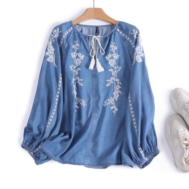 Femmes Denim Blouse haut fleur - Tassel Fringe Trim avis et prix