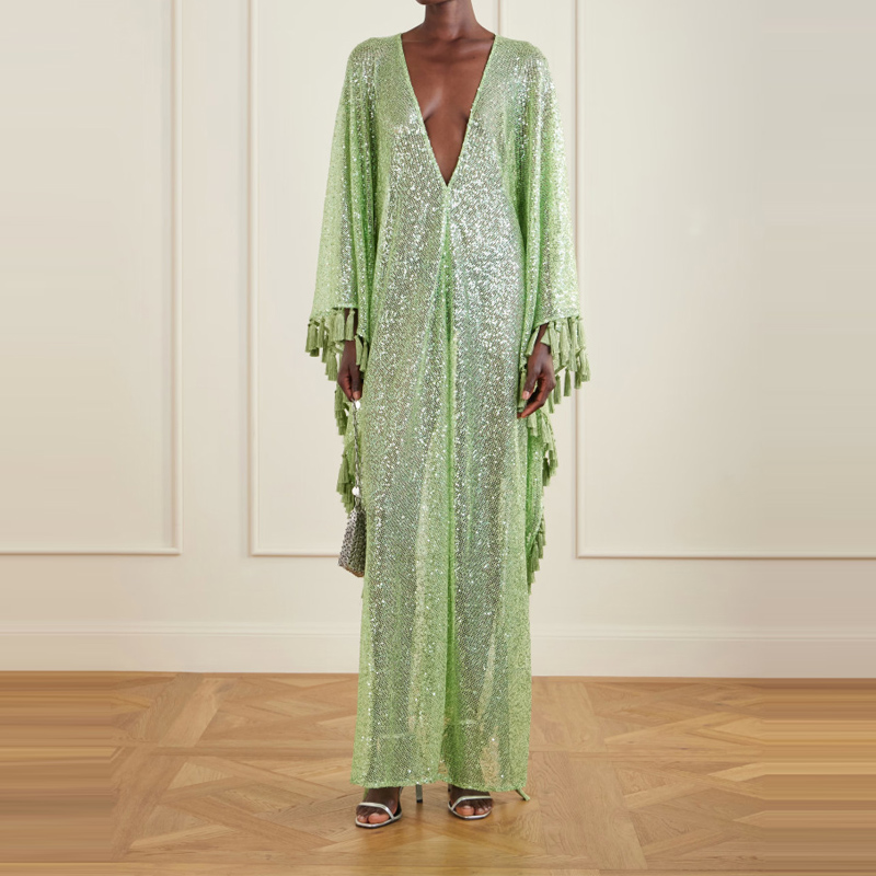 Robe de soirée élégante verte  - Tassel Fringe Trim avis et prix