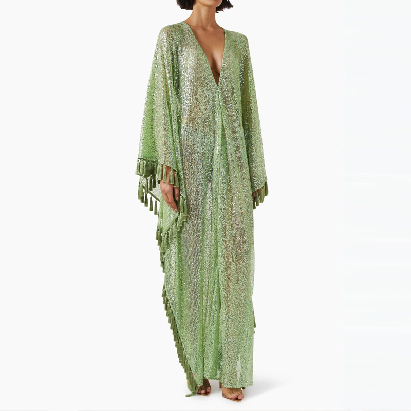 Robe de soirée élégante verte  - Tassel Fringe Trim avis et prix
